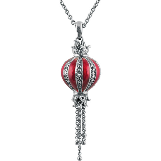 Balloon Shaped Necklace Elizabethan Style 925 Sterling Silver English Hallmarks Set With Red Enamel and Marcasite