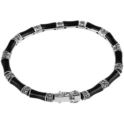 Elegant Bracelet Bamboo Style 925 Sterling Silver English Hallmarks Set With Black Enamel and Marcasite