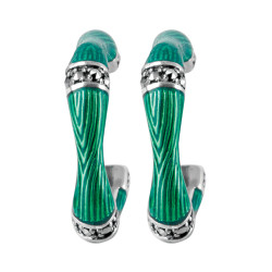 Half Hoop Earrings Bamboo Style 925 Sterling Silver English Hallmarks Set With Green Enamel and Marcasite