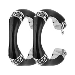 Half Hoop Earrings Bamboo Style 925 Sterling Silver English Hallmarks Set With Black Enamel and Marcasite