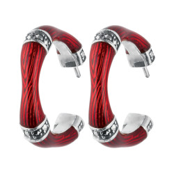 Half Hoop Earrings Bamboo Style 925 Sterling Silver English Hallmarks Set With Red Enamel and Marcasite