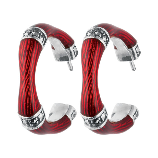 Half Hoop Earrings Bamboo Style 925 Sterling Silver English Hallmarks Set With Red Enamel and Marcasite
