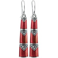 EA565   Red Enamel And Marcasite Bamboo Style Earrings Sterling Silver Ari D Norman