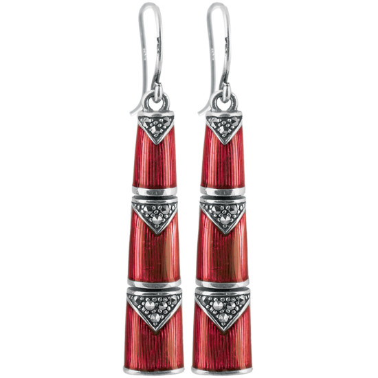 Drop Earrings Bamboo Style 925 Sterling Silver English Hallmarks Set With Red Enamel and Marcasite