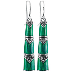 Drop Earrings Bamboo Style 925 Sterling Silver English Hallmarks Set With Green Enamel and Marcasite