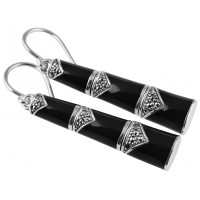 EA596   Black Enamel and Marcasite Bamboo Style Earrings Sterling Silver Ari D Norman