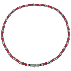 Choker Necklace Bamboo Style 925 Sterling Silver English Hallmarks Set With Red Enamel and Marcasite