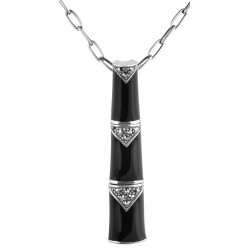 Pendant Necklace Bamboo Style 925 Sterling Silver English Hallmarks Set With Black Enamel and Marcasite