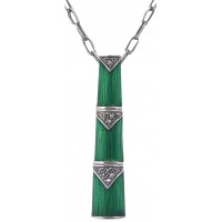 NK536   Green Enamel And Marcasite Set Bamboo Style Pendant And Chain Sterling Silver Ari D Norman