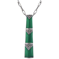 Pendant Necklace Bamboo Style 925 Sterling Silver English Hallmarks Set With Green Enamel and Marcasite