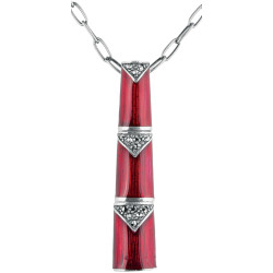 Pendant Necklace Bamboo Style 925 Sterling Silver English Hallmarks Set With Red Enamel and Marcasite