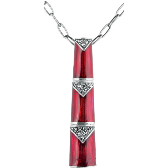 Pendant Necklace Bamboo Style 925 Sterling Silver English Hallmarks Set With Red Enamel and Marcasite