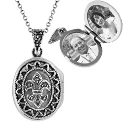Small Oval Locket Victorian Style 925 Sterling Silver English Hallmarks Set with Marcasite on 20" Sterling Silver Rope Chain