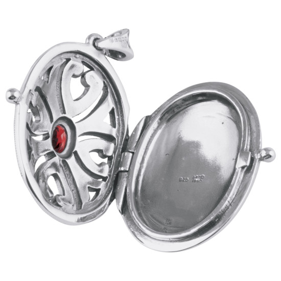 Oval Locket Victorian Style 925 Sterling Silver English Hallmarks Set With Garnet and Macasite on 16" Silver Curb Chain