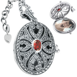 Oval Locket Victorian Style 925 Sterling Silver English Hallmarks Set With Garnet and Macasite on 16" Silver Curb Chain