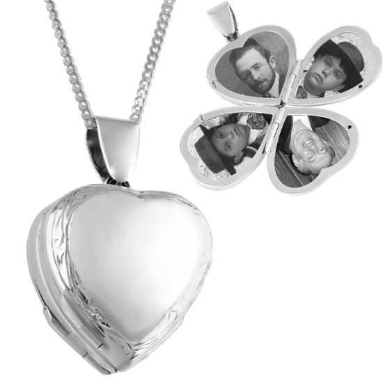 Four Part Heart Family Locket Victorian Style 925 Sterling Silver English Hallmarks on 22" Silver Curb Chain