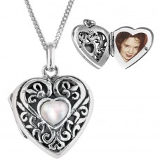 PT476   Mother of Pearl Set Filigree Heart Pendant On Chain Sterling Silver Ari D Norman
