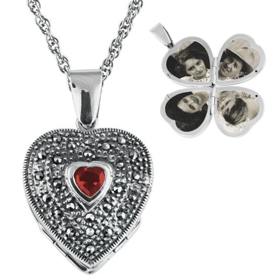 Four Part Heart Locket Victorian Style 925 Sterling Silver English Hallmarks on 22" Chain Set With Marcasite and Garnet