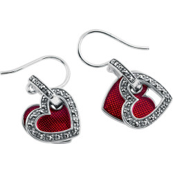 Double Heart Drop Earrings 925 Sterling Silver English Hallmarks Set With Red Enamel and Marcasite