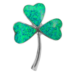Shamrock Brooch 925 Sterling Silver English Hallmarks Set With Green Crushed Opal Resiny