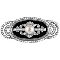 B210   Black Enamel, Pearl And Cubic Zirconia Brooch Sterling Silver Ari D Norman