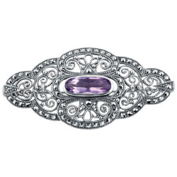 Elegant Pin Brooch Victorian Style  925 Sterling Silver English Hallmarks Set With Marcasite and Amethyst