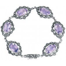 BT207 - Sterling Silver Marcasite And Amethyst Victorian Style Bracelet