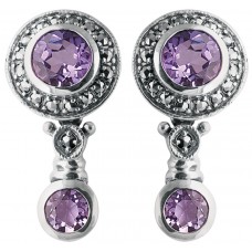 EA200 - Sterling Silver Amethyst And Marcasite Victorian Style Earrings