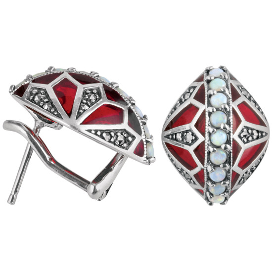 Elegant Earrings Elizabethan Style 925 Sterling Silver English Hallmarks Set With Red Enamel Opal and Marcasite