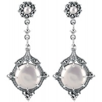 EA591   Cultured Pearl and Marcasite Set Drop Earrings Sterling Silver Ari D Norman