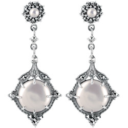 Elegant Drop Earrings Victorian Style 925 Sterling Silver English Hallmarks Set With Cultured Pearl and Marcasite