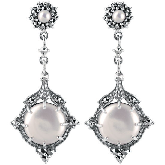 Elegant Drop Earrings Victorian Style 925 Sterling Silver English Hallmarks Set With Cultured Pearl and Marcasite
