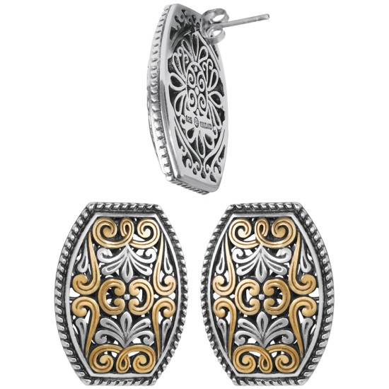 Floral Design Stud Earrings Victorian Style 925 Sterling Silver English Hallmarks With Gold Plating