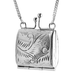 Engraved Purse Pendant Victorian Style 925 Sterling Silver English Hallmarks on 26" Curb Chain