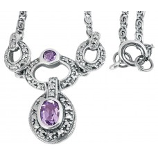 NK201 - Sterling Silver Marcasite And Amethyst Victorian Style Necklace