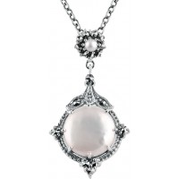 NK565   Cultured Pearl And Marcasite Set Pendant On Chain Sterling Silver Ari D Norman