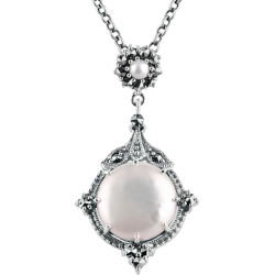 Elegant Necklace Victorian Style 925 Sterling Silver English Hallmarks Set With Cultured Pearl and Marcasite on 16" Chain