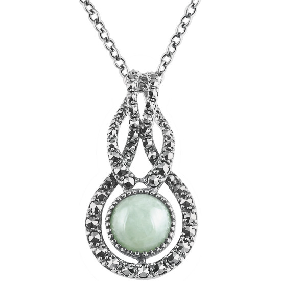 Elegant Necklace Victorian Style 925 Sterling Silver English Hallmarks Set With Jade and Marcasite on 16" Chain