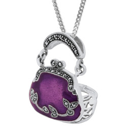 Purse Pendant Victorian Style 925 Sterling Silver English Hallmarks Set with Purple Enamel and Marcasite on 26" Silver Curb Chain