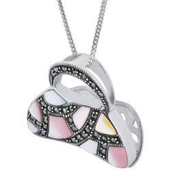 Purse Pendant Victorian Style 925 Sterling Silver English Hallmarks Set with Enamel and Marcasite on 26" Silver Curb Chain