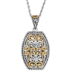 Two Tone Floral Design Pendant Victorian Style 925 Sterling Silver English Hallmarks with Gold Plating on 20" Sterling Silver Rope Chain