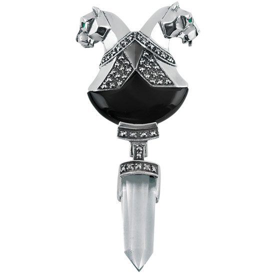 Double Headed Panther Pin Brooch Art Deco Style 925 Sterling Silver English Hallmarks Set With Onyx Marcasite and Emerald
