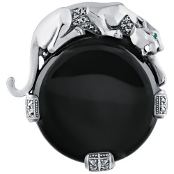Panther Pin Brooch Art Deco Style 925 Sterling Silver English Hallmarks Set With Black Onyx Marcasite and Emerald Eyes