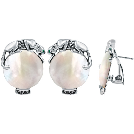 Panther Earrings Art Deco Style 925 Sterling Silver English Hallmarks Set With Mother Of Pearl Marcasite and Emerald Eyes
