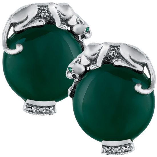 Panther Earrings Art Deco Style 925 Sterling Silver English Hallmarks Set With Green Agate Marcasite and Emerald Eyes