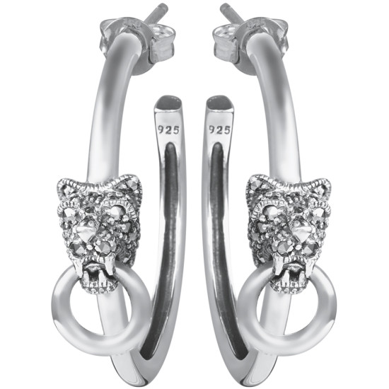 Panther Hoop Earrings Art Deco Style 925 Silver English Hallmarks Set With Marcasite