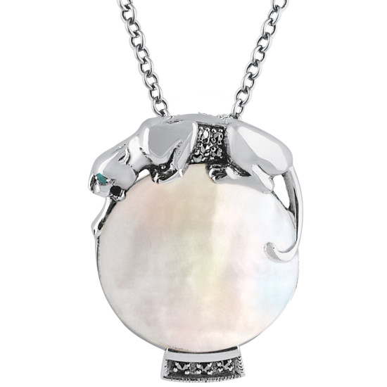 Panther Necklace Art Deco Style 925 Sterling Silver English Hallmarks Set With Mother Of Pearl Marcasite and Emerald Eyes