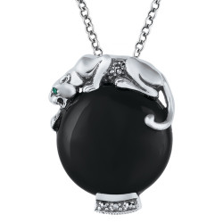Panther Necklace Art Deco Style 925 Sterling Silver English Hallmarks Set With Black Onyx Marcasite and Emerald Eyes