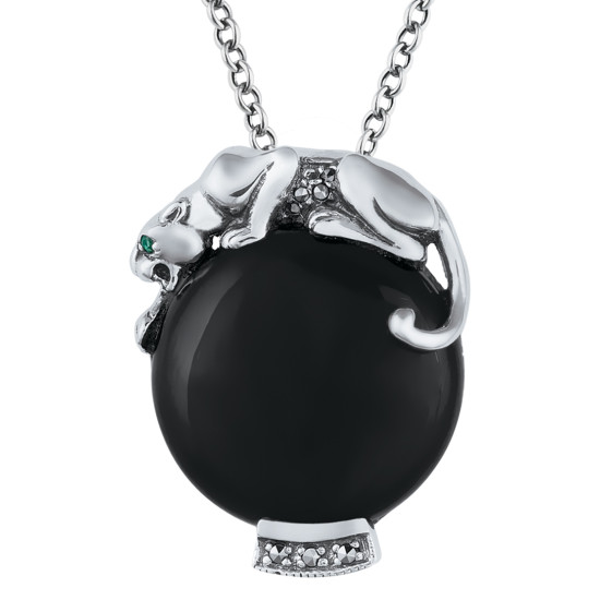 Panther Necklace Art Deco Style 925 Sterling Silver English Hallmarks Set With Black Onyx Marcasite and Emerald Eyes