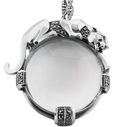 Panther Magnifying Glass Pendant Art Deco Style 925 Sterling Silver English Hallmarks Set With Marcasite and Emerald